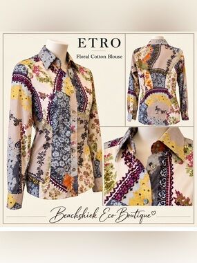 ETRO Floral Scarf Print Cotton Button Down Blouse IT 40 Made in Italy